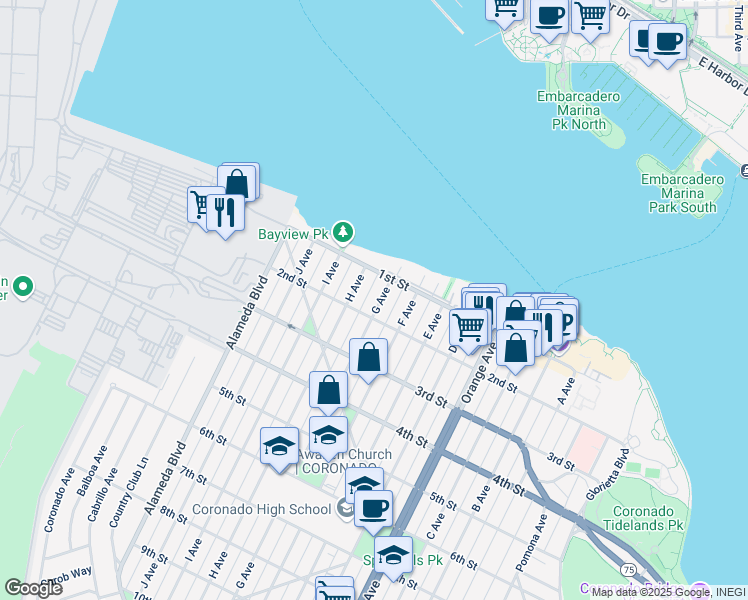 map of restaurants, bars, coffee shops, grocery stores, and more near 135 G Avenue in Coronado