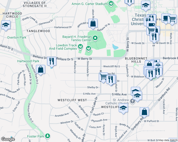 map of restaurants, bars, coffee shops, grocery stores, and more near 3700 Hilltop Road in Fort Worth