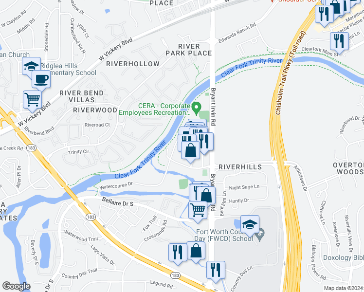 map of restaurants, bars, coffee shops, grocery stores, and more near 5828 Arborlawn Drive in Fort Worth