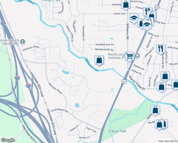 map of restaurants, bars, coffee shops, grocery stores, and more near 8317 Marys Creek Drive in Benbrook