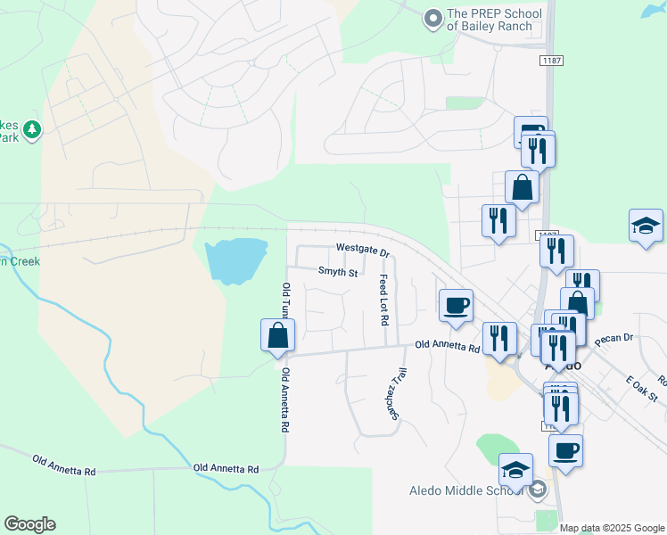 map of restaurants, bars, coffee shops, grocery stores, and more near 305 Red Drive in Aledo