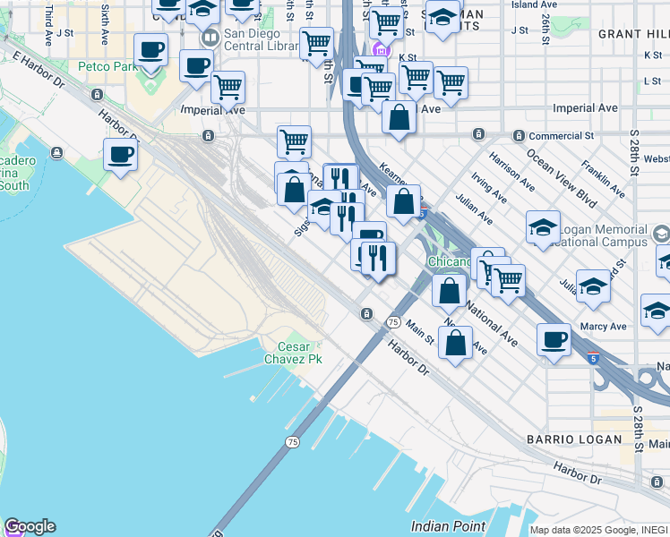 map of restaurants, bars, coffee shops, grocery stores, and more near in San Diego