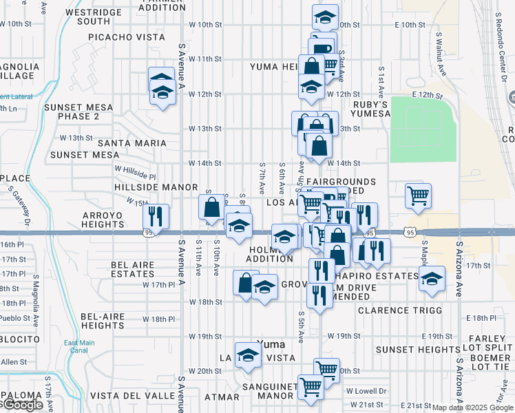 map of restaurants, bars, coffee shops, grocery stores, and more near 1514 South 7th Avenue in Yuma