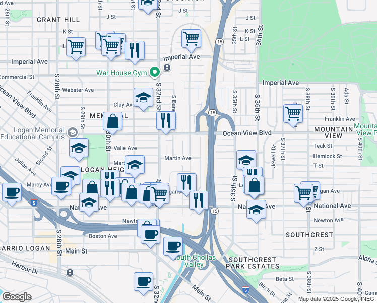 map of restaurants, bars, coffee shops, grocery stores, and more near 622 South 33rd Street in San Diego