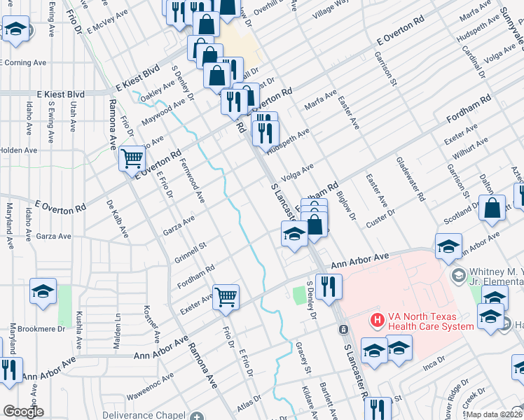 map of restaurants, bars, coffee shops, grocery stores, and more near 4002 South Denley Drive in Dallas