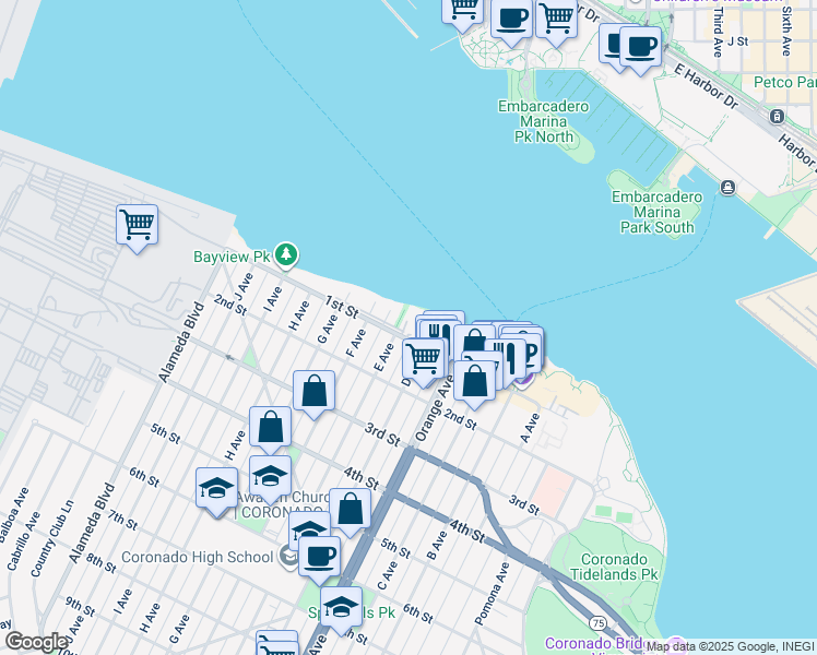 map of restaurants, bars, coffee shops, grocery stores, and more near 907 1st Street in Coronado