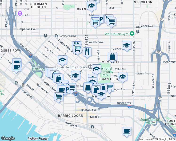 map of restaurants, bars, coffee shops, grocery stores, and more near 587 South 28th Street in San Diego