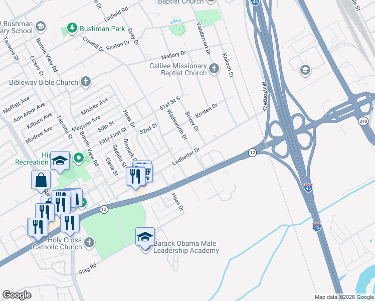 map of restaurants, bars, coffee shops, grocery stores, and more near 3277 Ledbetter Drive in Dallas