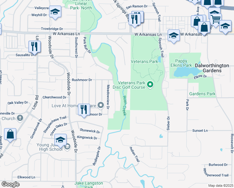 map of restaurants, bars, coffee shops, grocery stores, and more near 2607 Park Run Drive in Arlington
