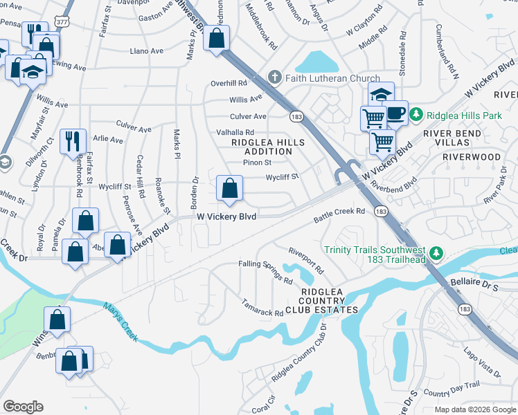 map of restaurants, bars, coffee shops, grocery stores, and more near Overhill Rd & Rockmoor Ln in Fort Worth