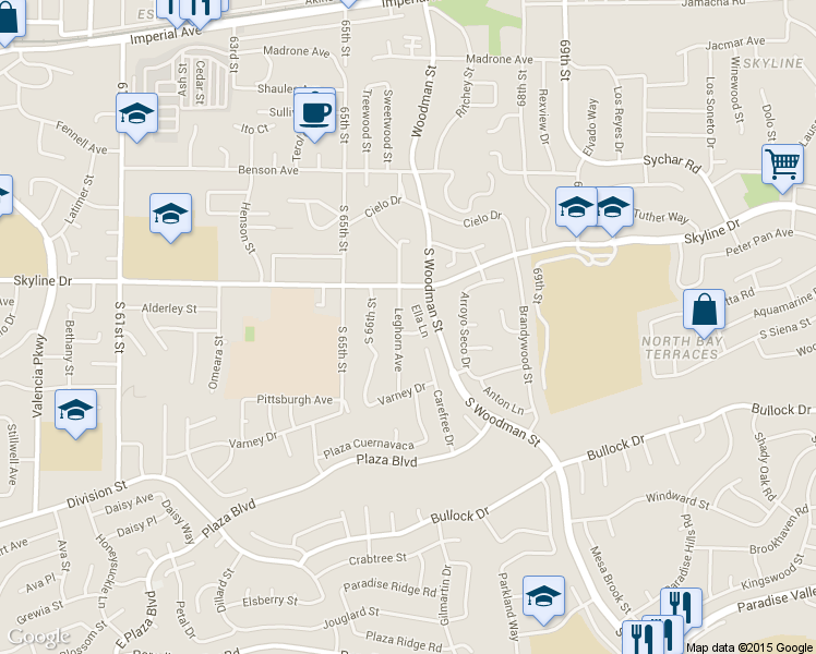 map of restaurants, bars, coffee shops, grocery stores, and more near 6678 Chantecler Avenue in San Diego
