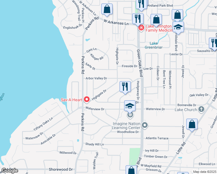 map of restaurants, bars, coffee shops, grocery stores, and more near 5717 Highgate Drive in Arlington