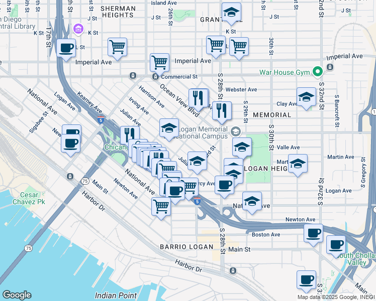 map of restaurants, bars, coffee shops, grocery stores, and more near 2227 Irving Avenue in San Diego