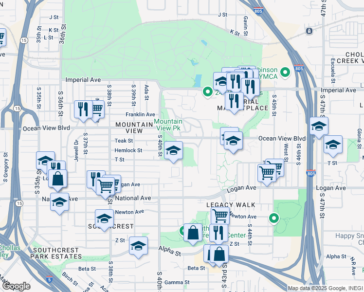map of restaurants, bars, coffee shops, grocery stores, and more near 4105 Hemlock Street in San Diego