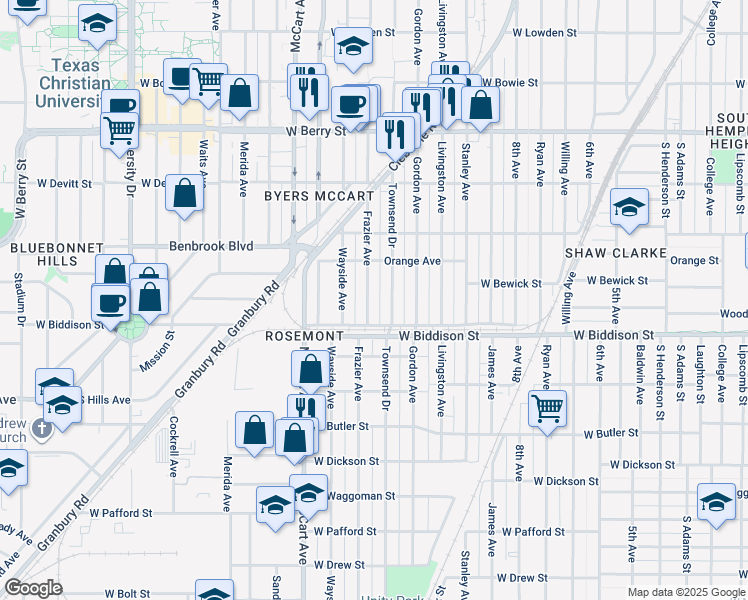 map of restaurants, bars, coffee shops, grocery stores, and more near 3437 Frazier Avenue in Fort Worth