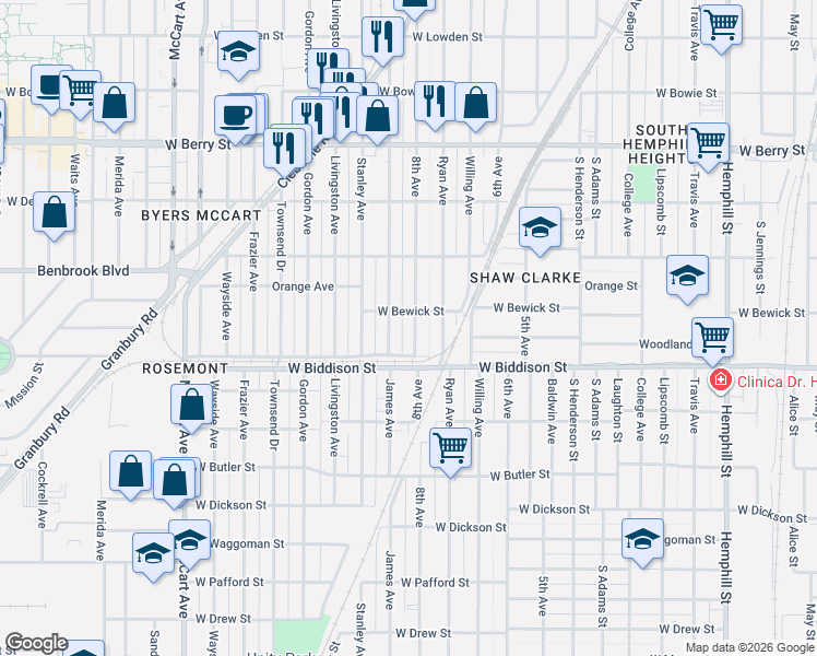 map of restaurants, bars, coffee shops, grocery stores, and more near 3412 8th Avenue in Fort Worth