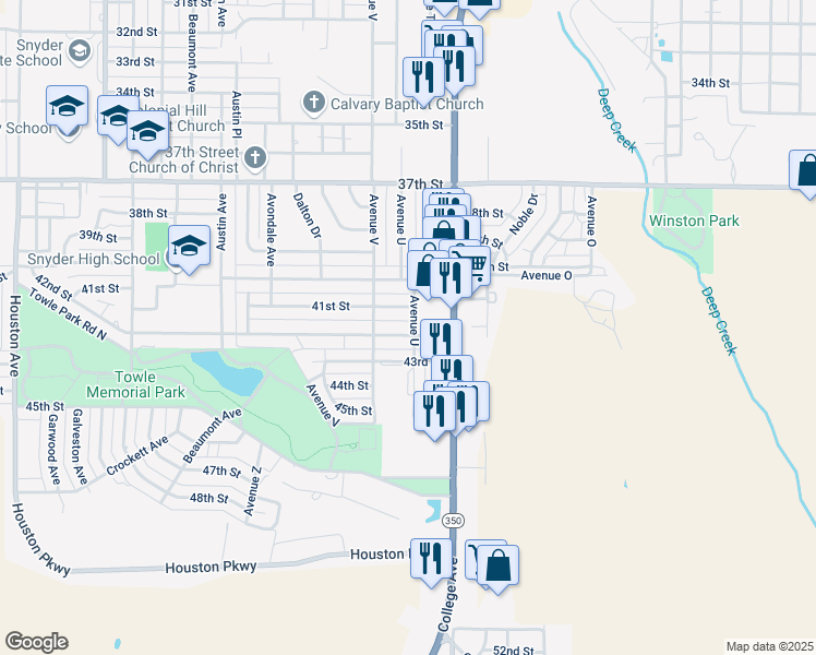 map of restaurants, bars, coffee shops, grocery stores, and more near 2101 42nd Street in Snyder