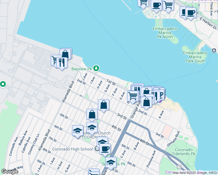 map of restaurants, bars, coffee shops, grocery stores, and more near 135 G Avenue in Coronado