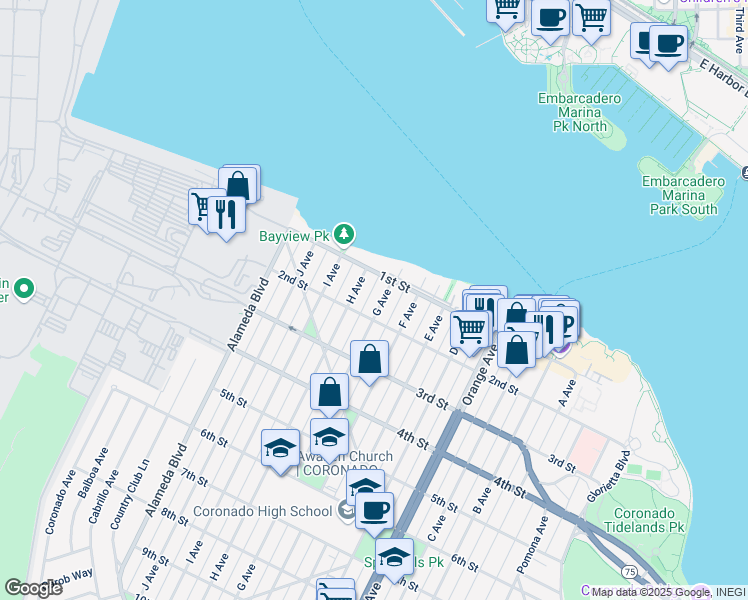 map of restaurants, bars, coffee shops, grocery stores, and more near 135 G Avenue in Coronado