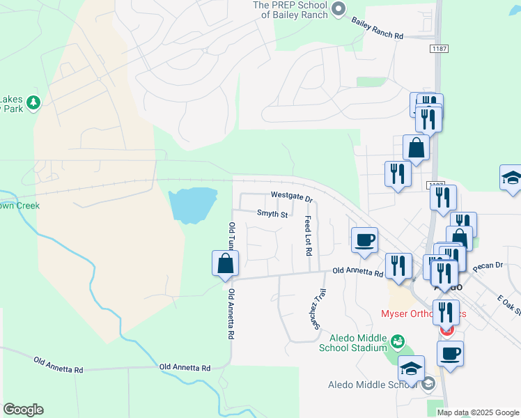 map of restaurants, bars, coffee shops, grocery stores, and more near 305 Red Drive in Aledo