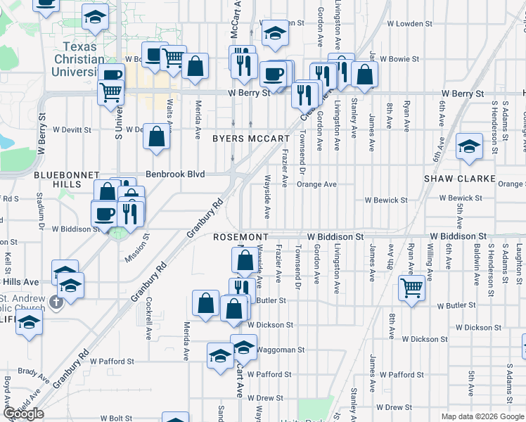 map of restaurants, bars, coffee shops, grocery stores, and more near 3436 Wayside Avenue in Fort Worth