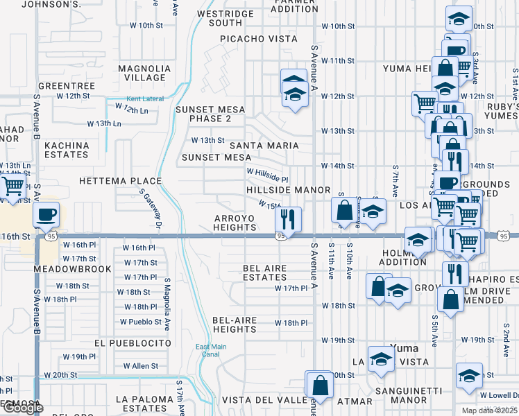 map of restaurants, bars, coffee shops, grocery stores, and more near 1319-1399 W 15th St in Yuma