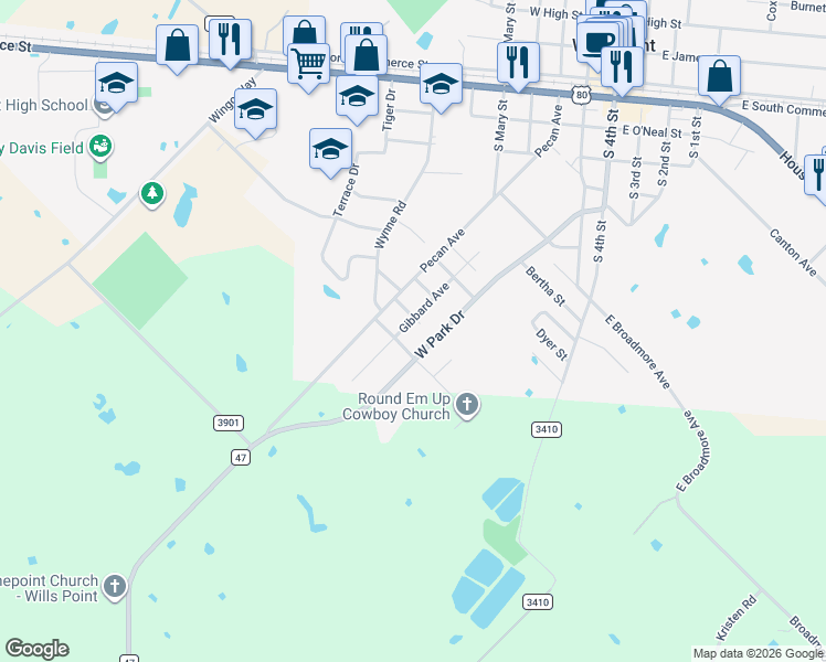 map of restaurants, bars, coffee shops, grocery stores, and more near 1021 Gibbard Avenue in Wills Point