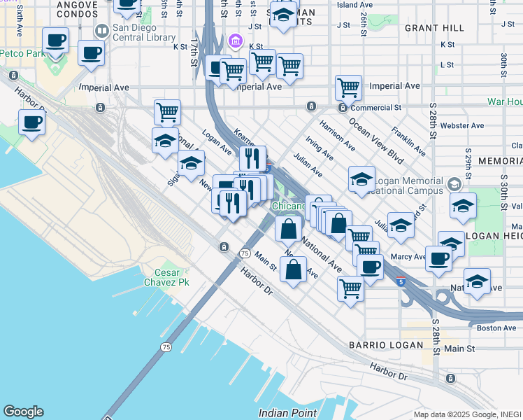 map of restaurants, bars, coffee shops, grocery stores, and more near 1985 National Avenue in San Diego