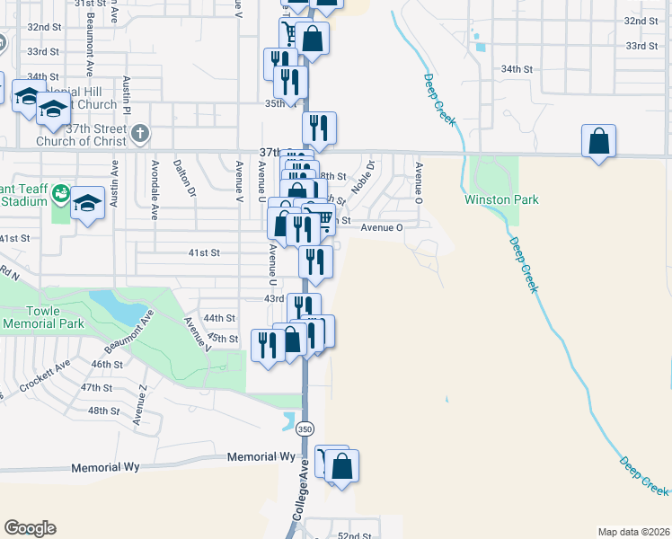 map of restaurants, bars, coffee shops, grocery stores, and more near 4110 Avenue R in Snyder