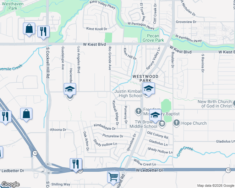map of restaurants, bars, coffee shops, grocery stores, and more near 3555 Rio Grande Circle in Dallas