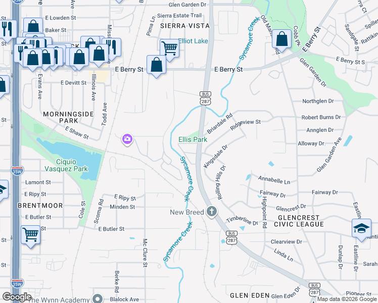 map of restaurants, bars, coffee shops, grocery stores, and more near 3500 South Riverside Drive in Fort Worth