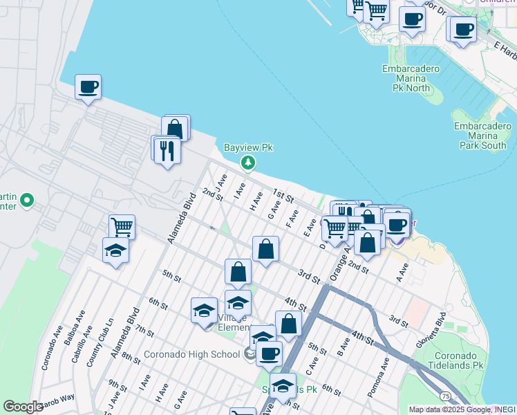 map of restaurants, bars, coffee shops, grocery stores, and more near 161 H Avenue in Coronado