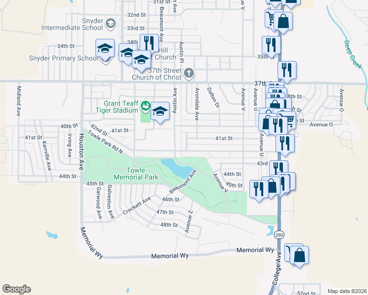 map of restaurants, bars, coffee shops, grocery stores, and more near 4107 Avondale Avenue in Snyder