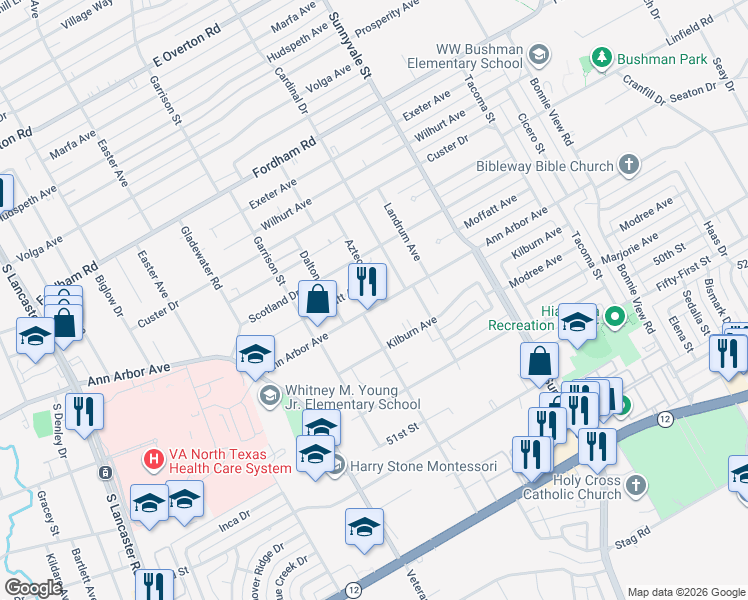 map of restaurants, bars, coffee shops, grocery stores, and more near 2515 Ann Arbor Avenue in Dallas