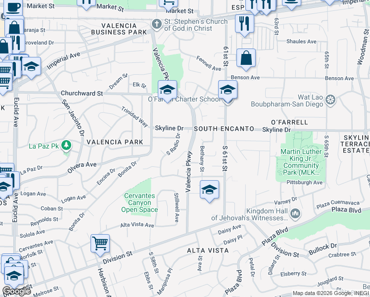 map of restaurants, bars, coffee shops, grocery stores, and more near 5894 Parkmead Court in San Diego