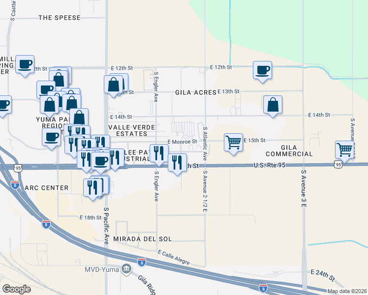 map of restaurants, bars, coffee shops, grocery stores, and more near 2490 East 15th Place in Yuma
