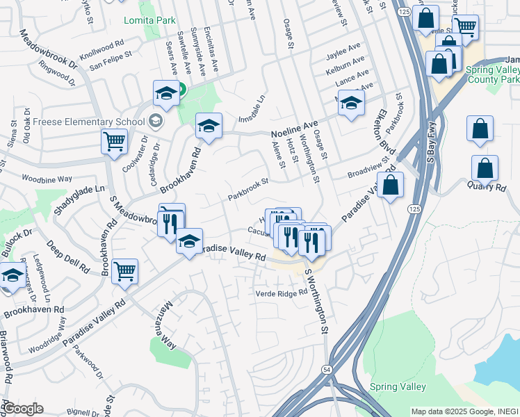 map of restaurants, bars, coffee shops, grocery stores, and more near 8495 Parkbrook Lane in San Diego