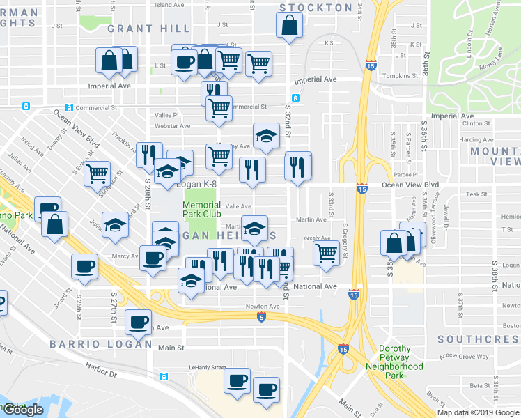 map of restaurants, bars, coffee shops, grocery stores, and more near 600 South 31st Street in San Diego