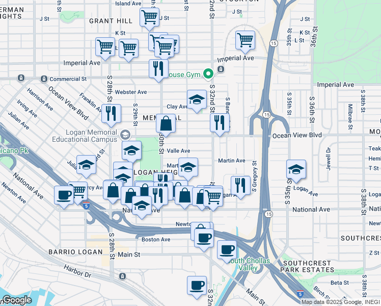 map of restaurants, bars, coffee shops, grocery stores, and more near 600 South 31st Street in San Diego