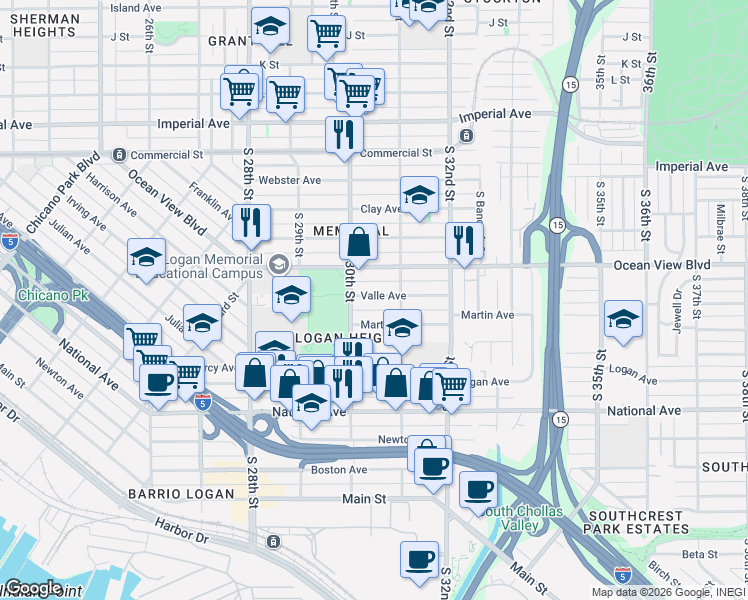 map of restaurants, bars, coffee shops, grocery stores, and more near 3011 Valle Avenue in San Diego