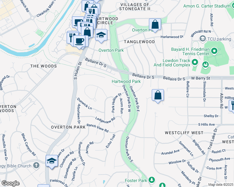 map of restaurants, bars, coffee shops, grocery stores, and more near 3408 Park Hollow Street in Fort Worth