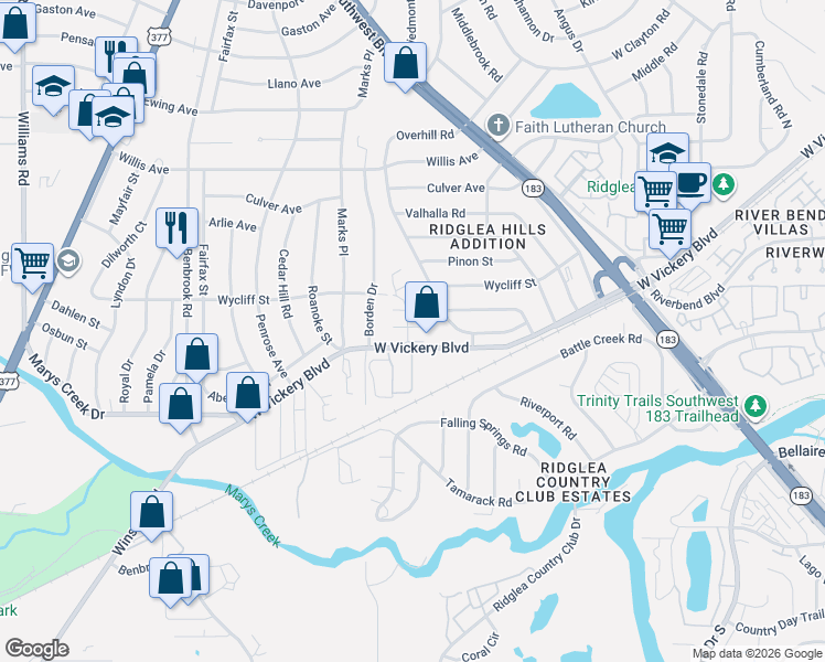 map of restaurants, bars, coffee shops, grocery stores, and more near 7020 West Vickery Boulevard in Fort Worth