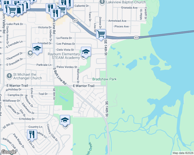 map of restaurants, bars, coffee shops, grocery stores, and more near 2942 Brush Creek in Grand Prairie