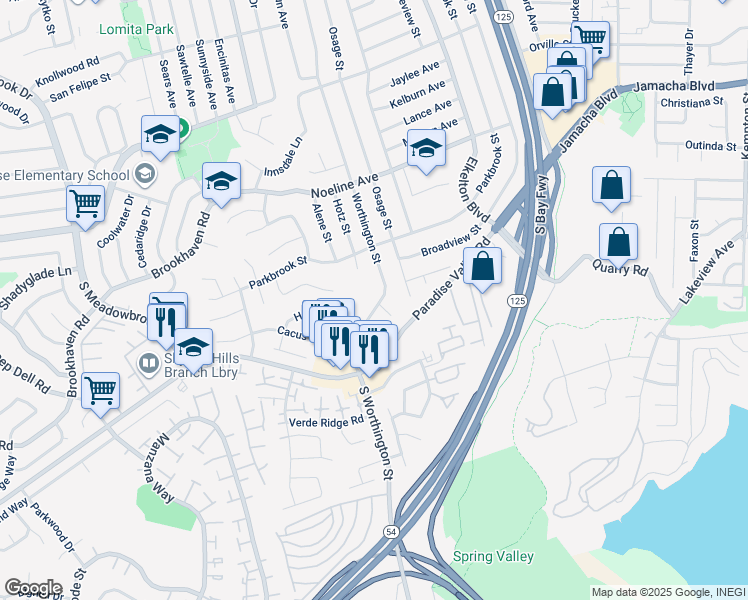 map of restaurants, bars, coffee shops, grocery stores, and more near 302 Worthington Street in Spring Valley