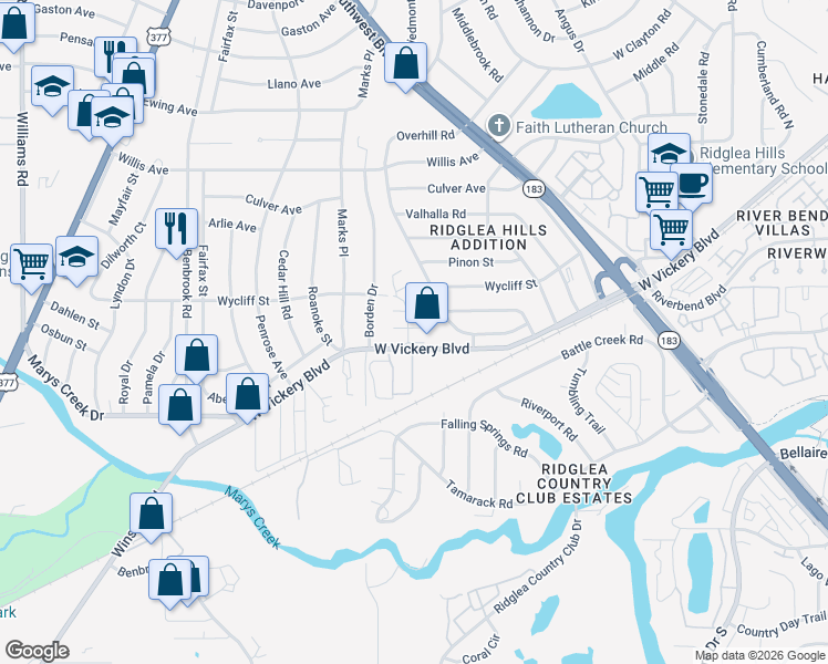 map of restaurants, bars, coffee shops, grocery stores, and more near 7020 West Vickery Boulevard in Fort Worth
