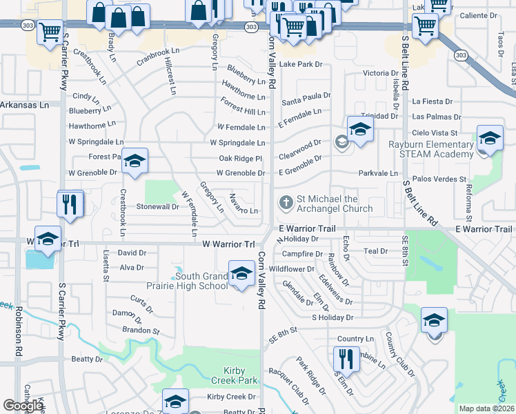 map of restaurants, bars, coffee shops, grocery stores, and more near 3034 Oak Ridge Place in Grand Prairie
