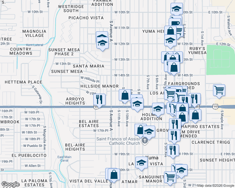 map of restaurants, bars, coffee shops, grocery stores, and more near 1501-1521 South Avenue A in Yuma