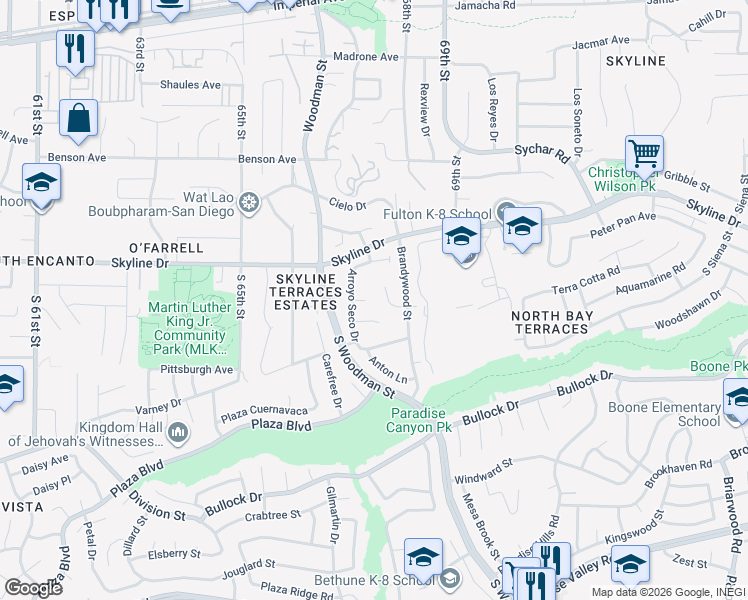 map of restaurants, bars, coffee shops, grocery stores, and more near 6748 Arroyo Seco Court in San Diego