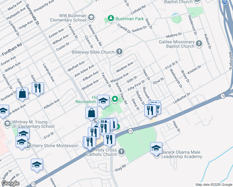 map of restaurants, bars, coffee shops, grocery stores, and more near 4746 Tacoma Street in Dallas