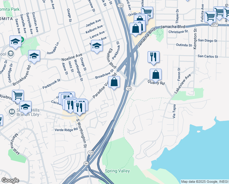 map of restaurants, bars, coffee shops, grocery stores, and more near 8535 Paradise Valley Road in Spring Valley